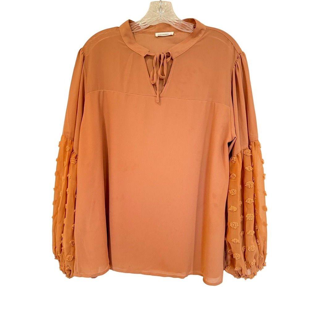 ANDTHEWHY Swiss Dot Balloon Sleeve Tie Neck Blouse Women's Large Tan Career Boho